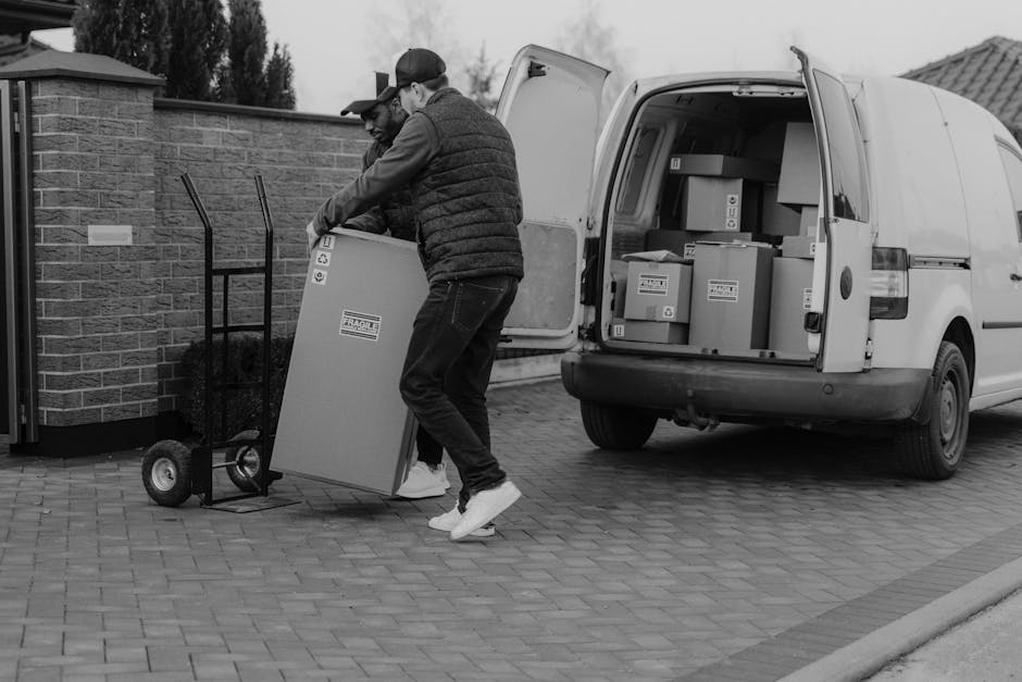 A man wearing a white t-shirt and jeans is standing on the pavement next to an open white delivery van with its rear doors wide open, preparing to load or unload cardboard boxes. The boxes are stacked